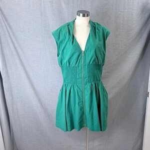 Anthropologie Kelly Green Linen Zip Front Smocked Waist Mini Dress XL